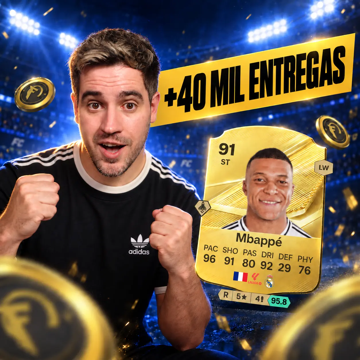 Draking, socio de Futshop, junto al arte de monedas EA FC 27 y la marca de 40 mil entregas
